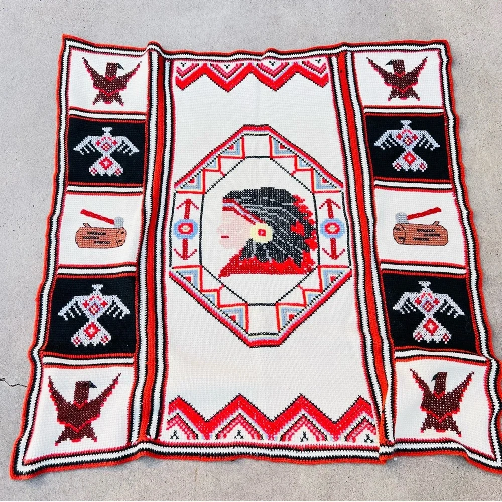 VINTAGE NATIVE AMERICAN PATCHWORK KITSCHY 60’s CROCHET THROW BLANKET